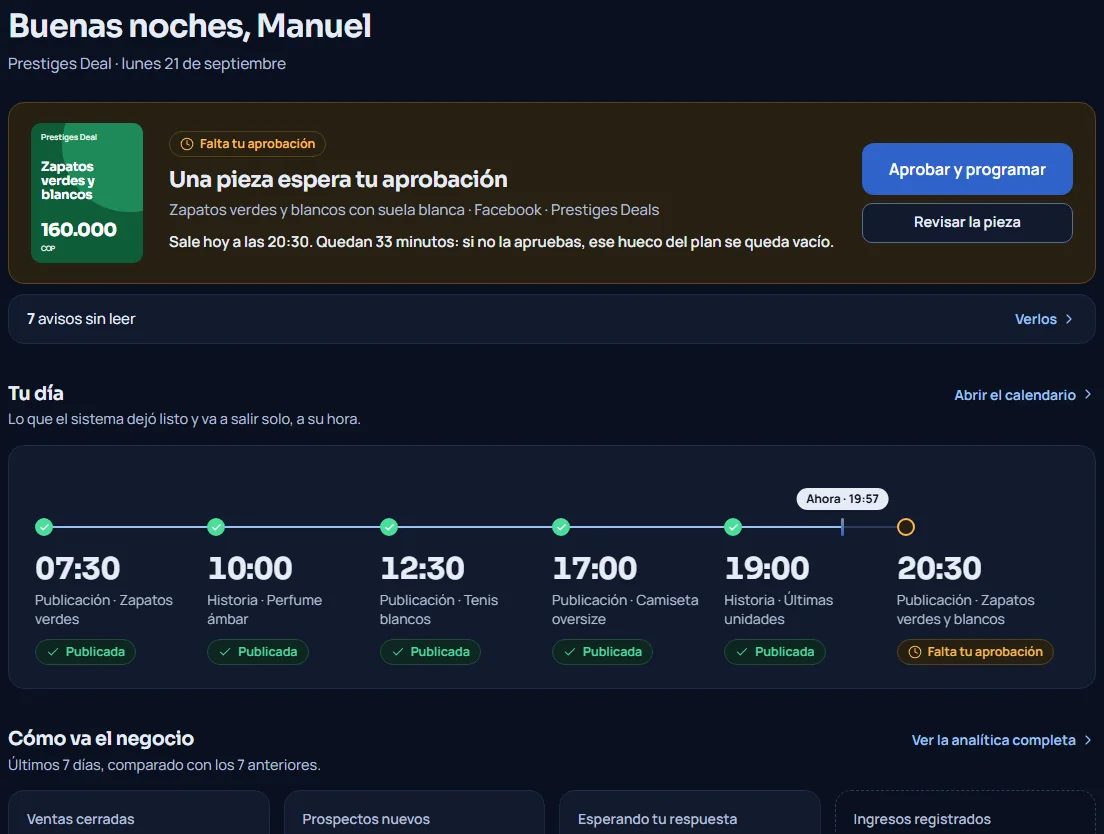 Pantalla «Inicio» del panel, en tema oscuro, con datos de ejemplo
